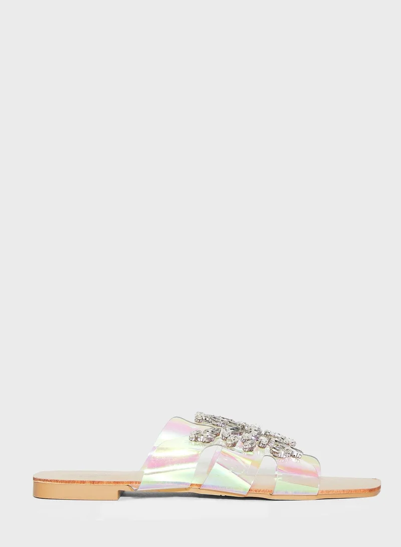 Ginger Iridescent Cutout Strap Jewelled Flat Sandal