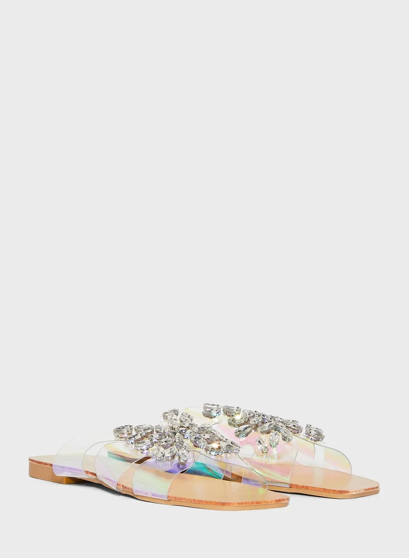 Ginger Iridescent Cutout Strap Jewelled Flat Sandal