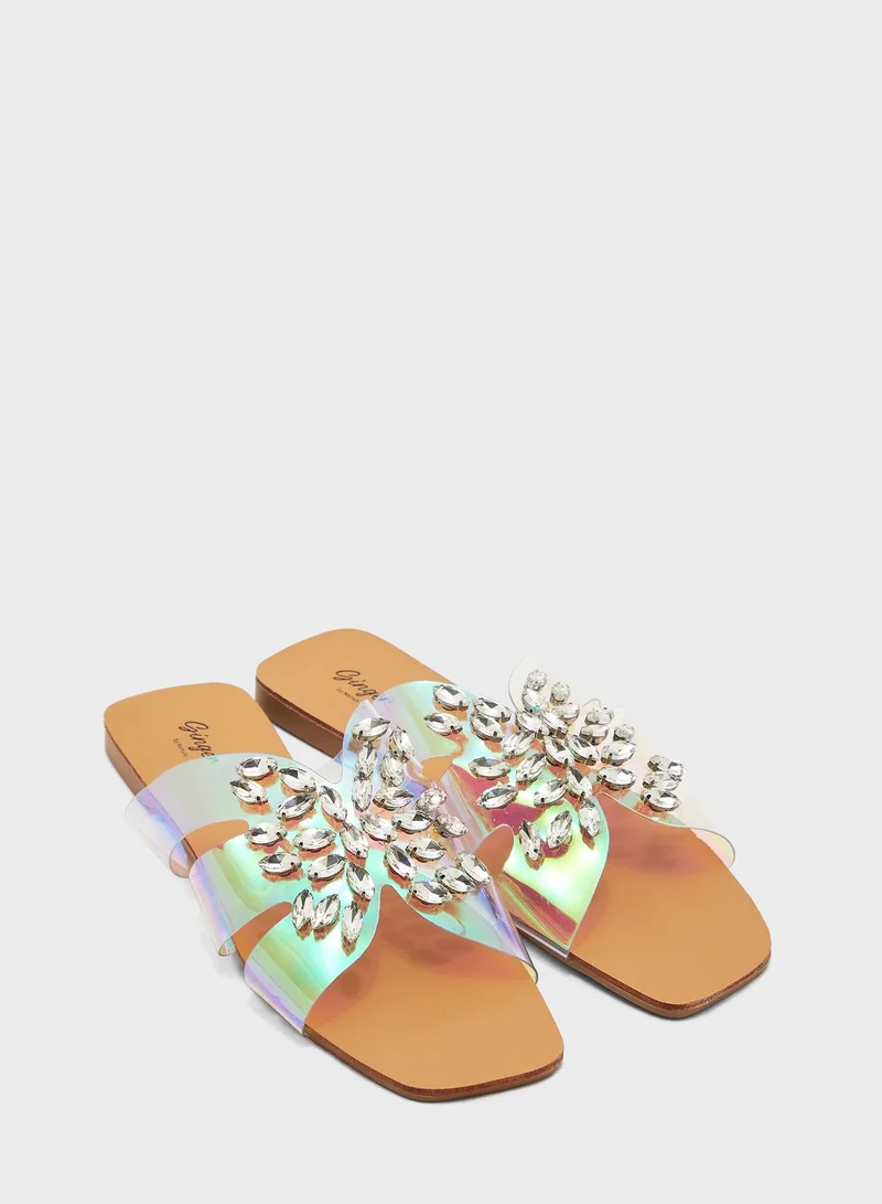 Ginger Iridescent Cutout Strap Jewelled Flat Sandal