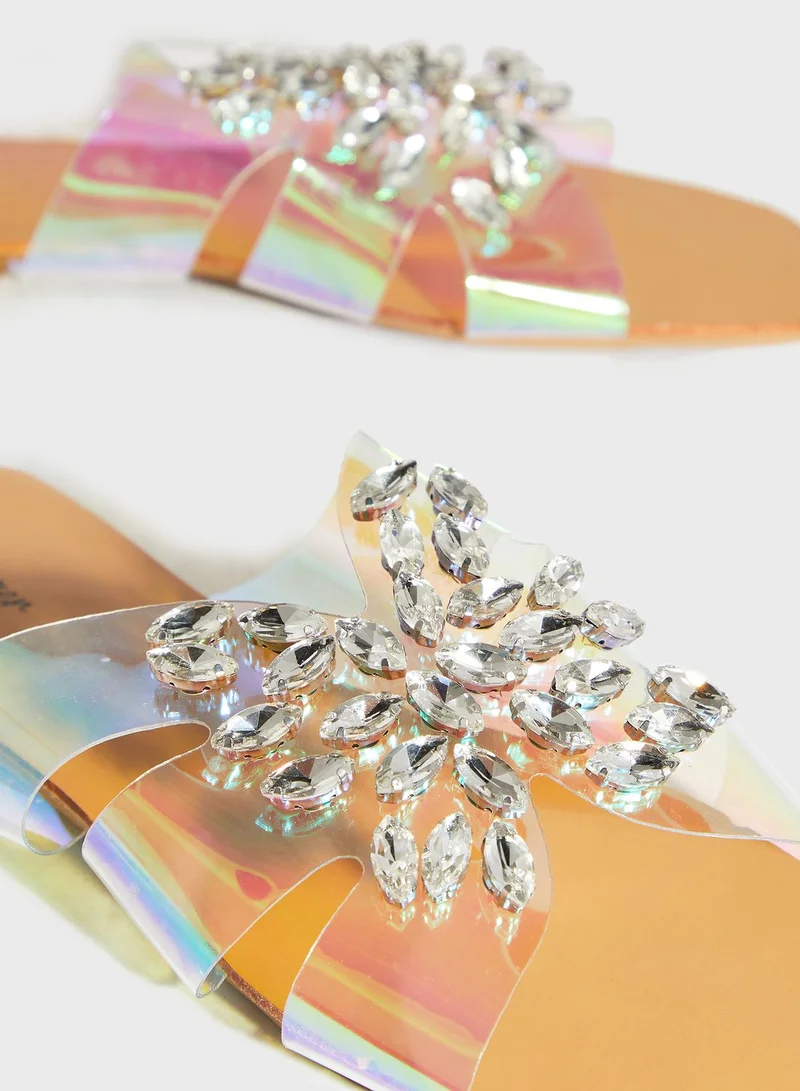 Ginger Iridescent Cutout Strap Jewelled Flat Sandal