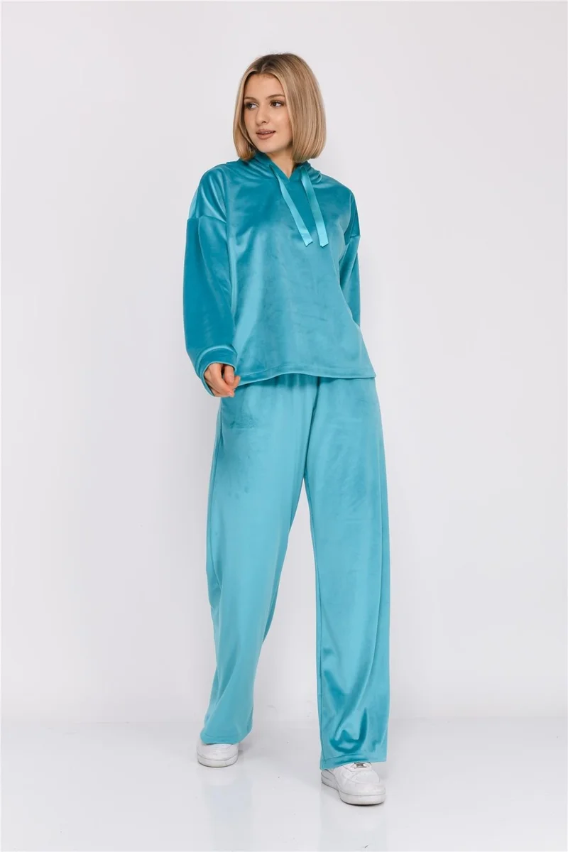 نوسيل Women's Soft Velvet Hooded Bottom Top Set Turquoise