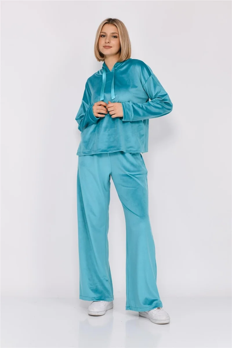 نوسيل Women's Soft Velvet Hooded Bottom Top Set Turquoise