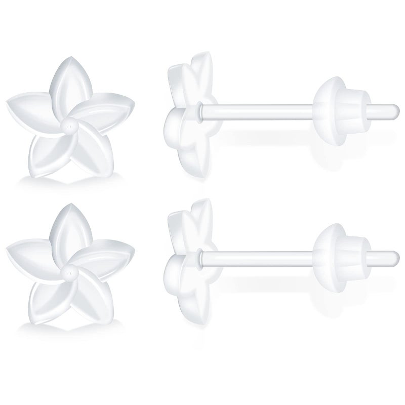 KMEOSCH Clear Plastic Earrings for Sports, 20g Transparent Earrings Spacers Invisible Plastic Post Stud Earrings for Sensitive Ears (6 Pairs, Plumeria Style) - Image 1