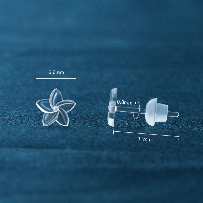 KMEOSCH Clear Plastic Earrings for Sports, 20g Transparent Earrings Spacers Invisible Plastic Post Stud Earrings for Sensitive Ears (6 Pairs, Plumeria Style) - Image 3