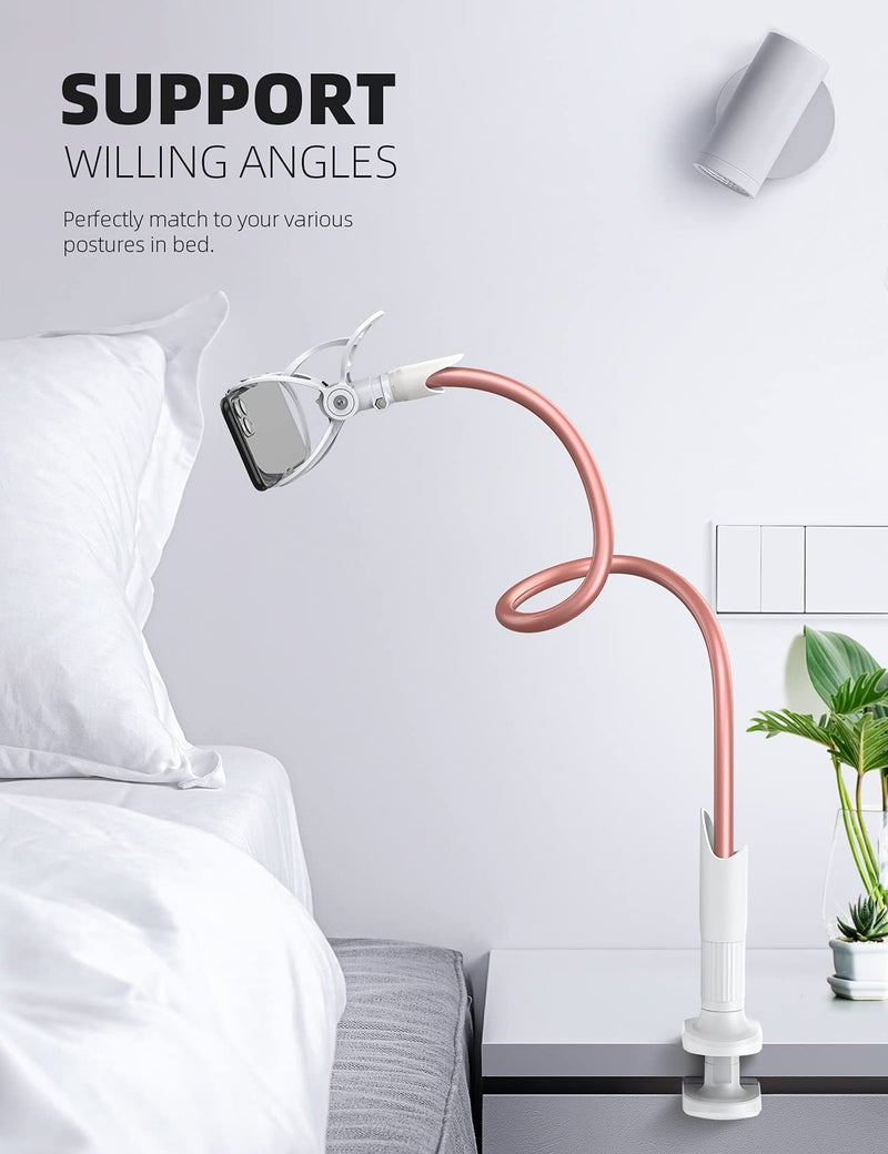 Lamicall Phone Holder Bed Gooseneck Mount - Cell Phone Clamp Clip for Desk, Flexible Lazy Long Arm Headboard Bedside, Overhead Mount Stand, for 4-7" Phone, iPhone 15 Pro Max, 14 Plus, 13, Rose Gold - Image 4