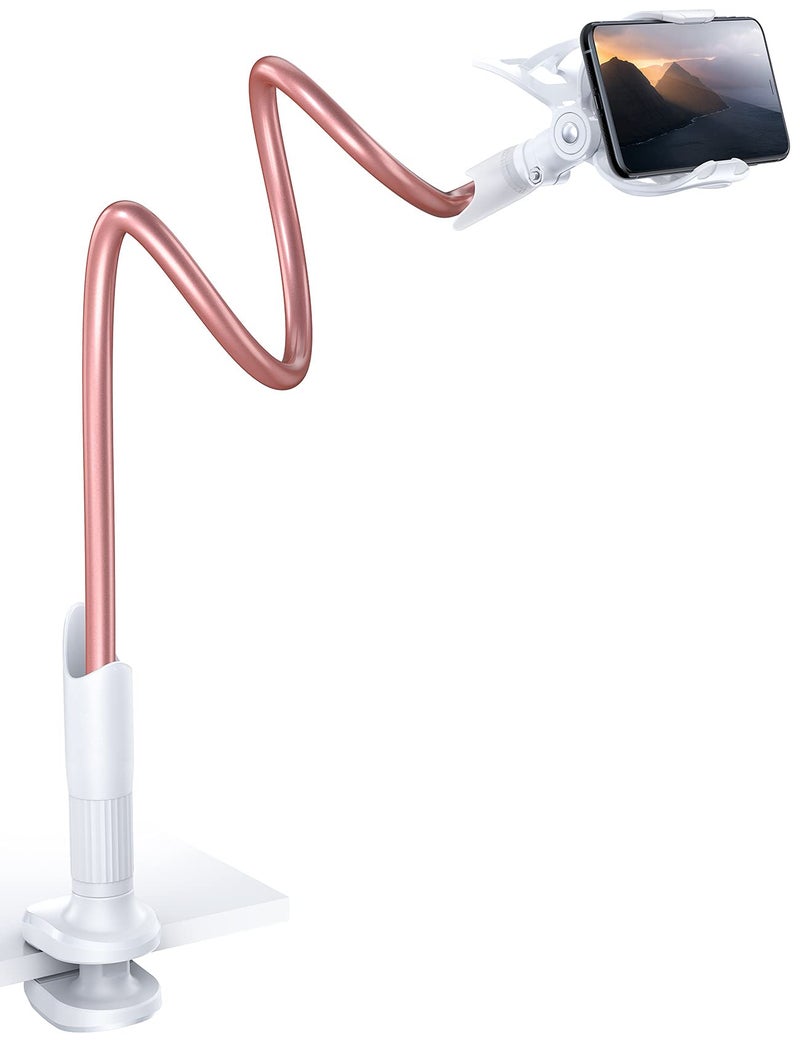 Lamicall Phone Holder Bed Gooseneck Mount - Cell Phone Clamp Clip for Desk, Flexible Lazy Long Arm Headboard Bedside, Overhead Mount Stand, for 4-7" Phone, iPhone 15 Pro Max, 14 Plus, 13, Rose Gold - Image 1
