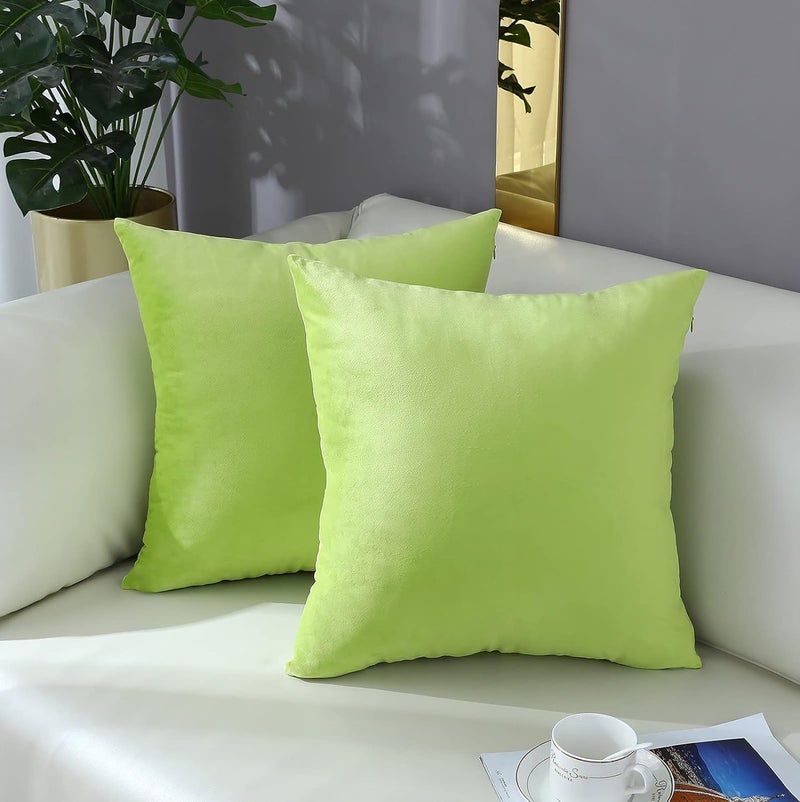 mixeoo Comfy Lime Green Throw Pillow Covers Decorative Square Solid Thick Velvet Super Soft Cushion Cases Home Decor for Sofa Couch Living Room Chair, Set of 2, 18 x 18 Inch - Image 1