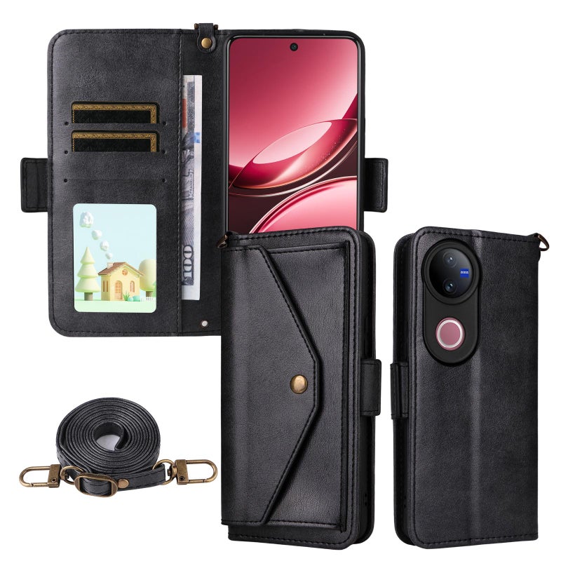 erorex For vivo V50 5G Global / V50e Multi-card Slots Crossbody Cowhide Leather Phone Case(Black) - Image 1