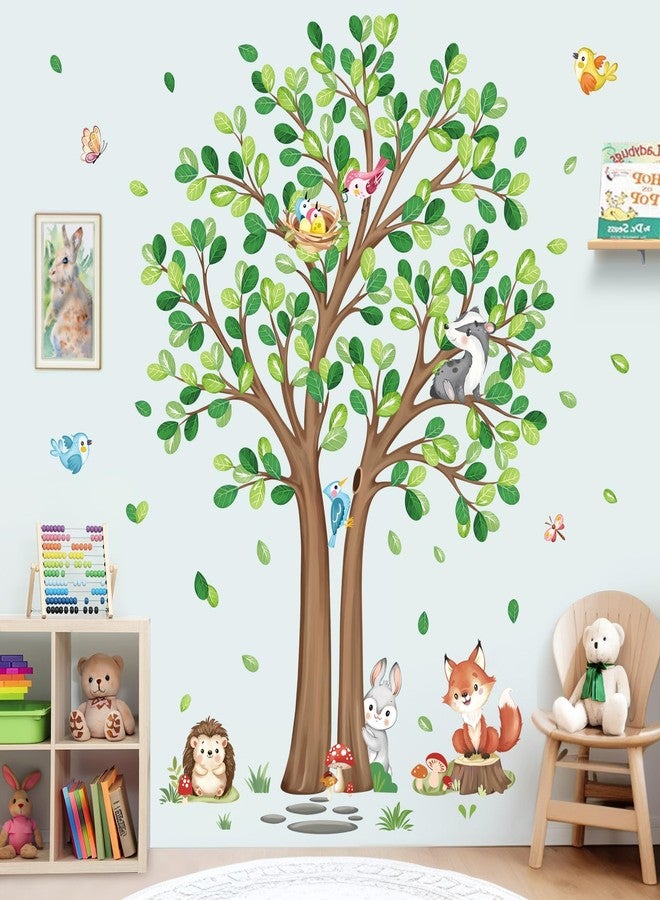 decalmile Woodland Animals Large Forest Tree Wall Decals Fox Rabbit Hedgehog Wall Stickers Baby Nursery Toddler Room Living Room Wall Decor - Image 1