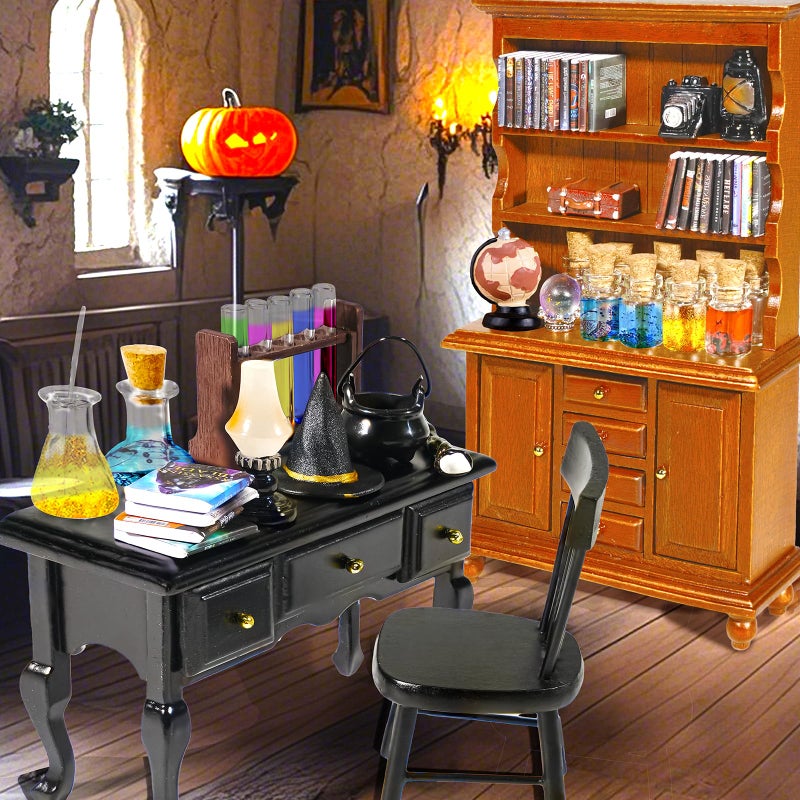 Rileryan 54 Pcs 1:12 Scale Magic Witchy House Kit Halloween Miniatures Furnitures Accessories Mini Wooden Bookshelf Bookcase 30 Mini Books Desk Chair Halloween Decoration Gift - Image 5