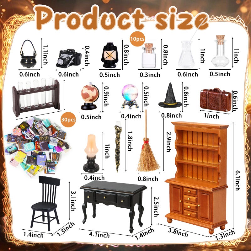 Rileryan 54 Pcs 1:12 Scale Magic Witchy House Kit Halloween Miniatures Furnitures Accessories Mini Wooden Bookshelf Bookcase 30 Mini Books Desk Chair Halloween Decoration Gift - Image 2