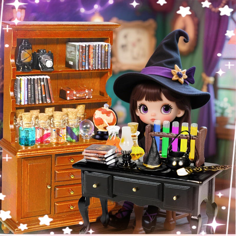 Rileryan 54 Pcs 1:12 Scale Magic Witchy House Kit Halloween Miniatures Furnitures Accessories Mini Wooden Bookshelf Bookcase 30 Mini Books Desk Chair Halloween Decoration Gift - Image 4
