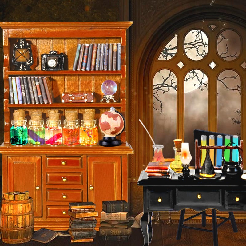 Rileryan 54 Pcs 1:12 Scale Magic Witchy House Kit Halloween Miniatures Furnitures Accessories Mini Wooden Bookshelf Bookcase 30 Mini Books Desk Chair Halloween Decoration Gift - Image 3