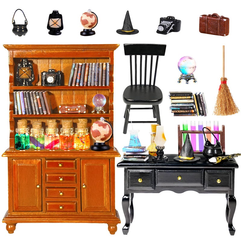Rileryan 54 Pcs 1:12 Scale Magic Witchy House Kit Halloween Miniatures Furnitures Accessories Mini Wooden Bookshelf Bookcase 30 Mini Books Desk Chair Halloween Decoration Gift - Image 1