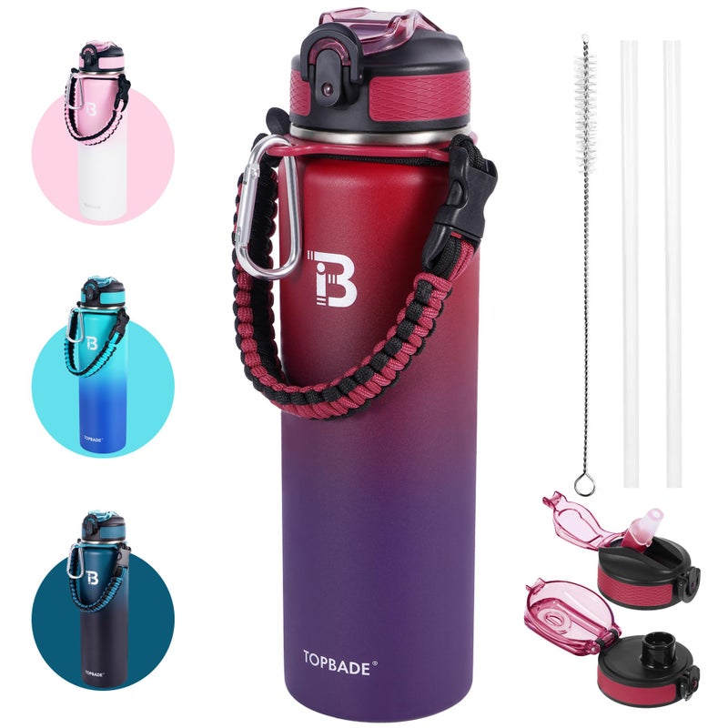 TOPBADE 24oz Insulated Sports Water Bottle with Straw Lid & Spout Lid, Stainless Steel Water Bottle with Paracord Handle for gifts and school - Image 1