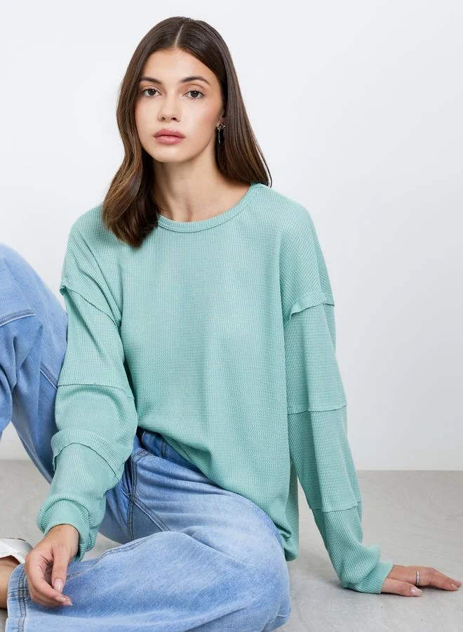 Take Two Take Two Women Mint Green Waffle Knit Sweatshirt