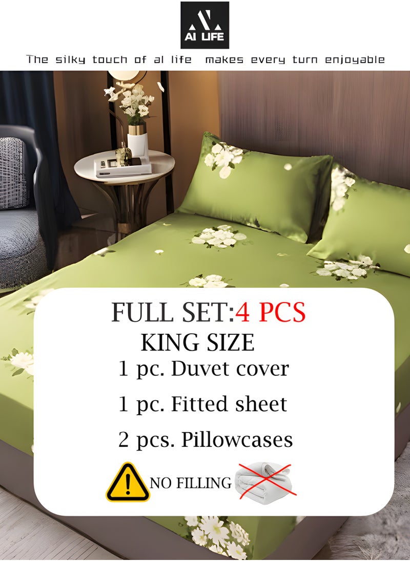 AI LIFE King Size 400TC Duvet Cover 4 Piece Set Washed Microfiber Relaxed Feel Natural Wrinkled Comfy Bedsheet set with Zipper Closure 1 Duvet Cover 1 Fitted Sheet & 2 Pillow Cases