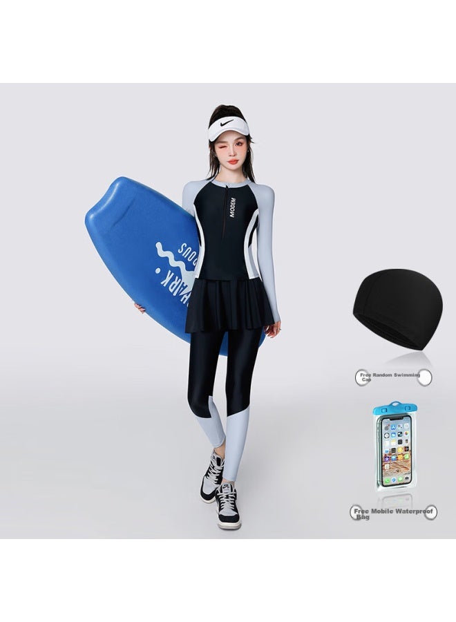 F.dyraa Women's Two-piece Swimsuit, Sun Protection Long Sleeve Long Pants, Diving And Hot Spring Swimwear, Five-piece Set, 14011 Gray 2XL - Image 2