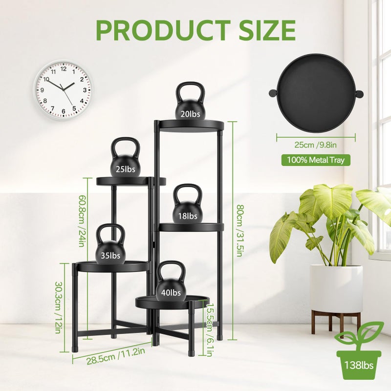 iDavosic.ly 5 Tier Large Plant Stand Indoor with 10 Inch Wide Tray, Tiered Corner Metal Outdoor Flower Display Holder Shelf, Folding Tall Rack for Patio Porch Living Room, Modern Black - Image 4