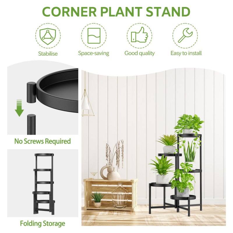 iDavosic.ly 5 Tier Large Plant Stand Indoor with 10 Inch Wide Tray, Tiered Corner Metal Outdoor Flower Display Holder Shelf, Folding Tall Rack for Patio Porch Living Room, Modern Black - Image 5