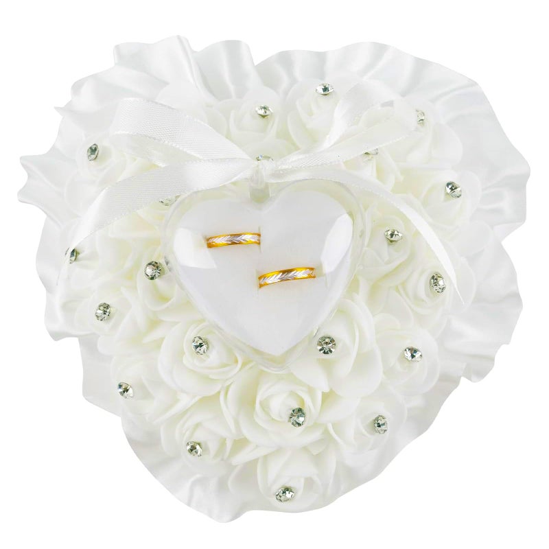 Framendino White Heart Shape Wedding Ring Pillow Elegant Decoration Cushion Bearer Box with Ribbon Bowknot