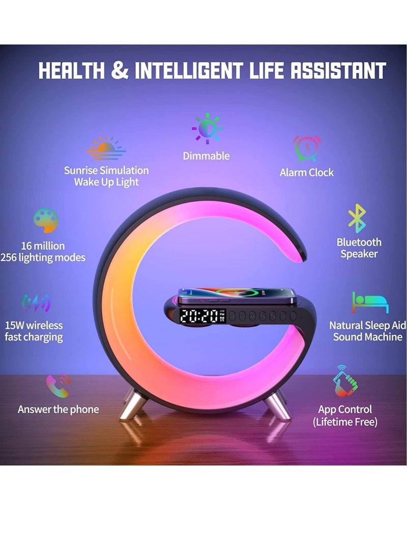 Smart Bluetooth Speaker Wireless Phone Charger LED Light, Multifunctional RGB Night Light and Charging Station, Smart Sounder Alarm Clock for Bedroom Smart Desk Lamp Control with App - Image 4