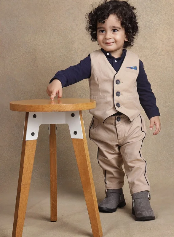 One Friday One Friday Boys Beige Solid Waistcoat T-Shirt With Trouser