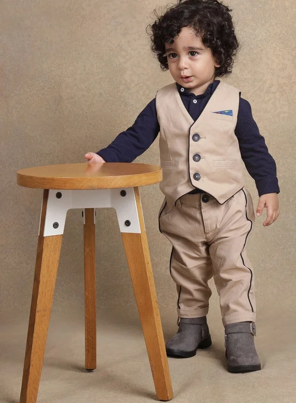 One Friday One Friday Boys Beige Solid Waistcoat T-Shirt With Trouser