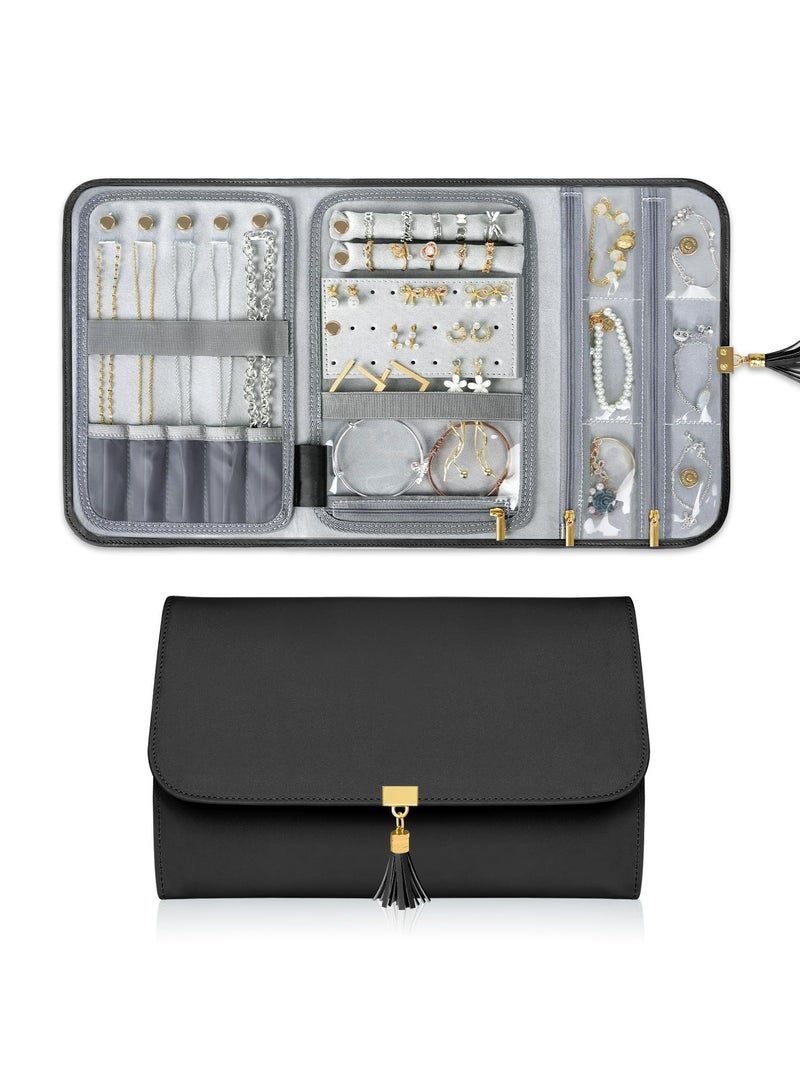 CMGTYYD Portable Jewelry Organizer, Travel Jewelry Storage Case for Women Jewelry Pouch Tangle Free Jewelry Storage Roll Bag with Waterproof & Lightweight for Necklaces/Rings/Earrings/Bracelets (Black)  - Image 1