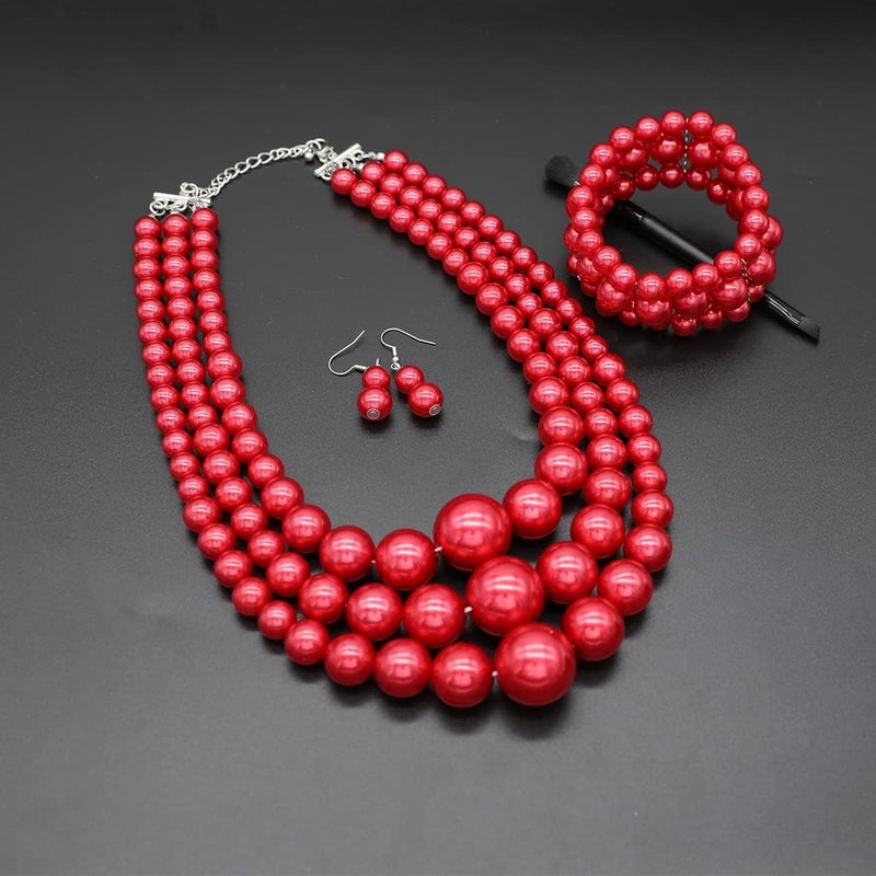 WEWE Imitation Pearl Necklace for Women Large Chunky Pearl Necklaces Multilayer Pearl Necklace and Earring 1920s Costume Jewelry set - Image 2