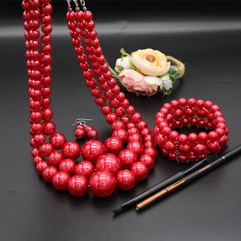 WEWE Imitation Pearl Necklace for Women Large Chunky Pearl Necklaces Multilayer Pearl Necklace and Earring 1920s Costume Jewelry set - Image 3