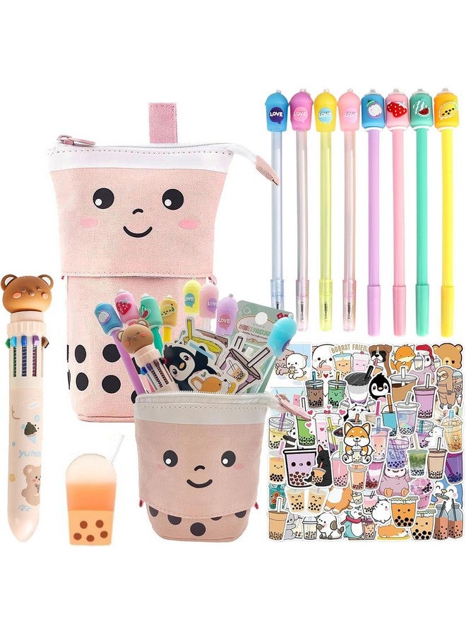Primo Lines Kawaii Pencil Case And Complete 61 Pcs Pink Stationary Set With Pop Up Cute Boba Case, 8 Pens, 50 Bubble Tea Stickers, Multi Color Pen For School Supplies - Image 1