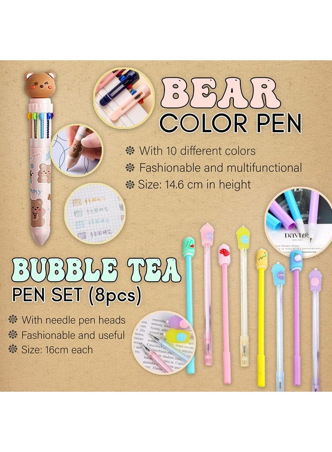 Primo Lines Kawaii Pencil Case And Complete 61 Pcs Pink Stationary Set With Pop Up Cute Boba Case, 8 Pens, 50 Bubble Tea Stickers, Multi Color Pen For School Supplies - Image 3