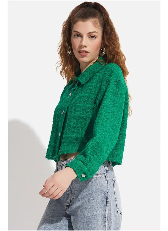 جون June Women Regular Fit Pocket Detailed Tweed Jacket Green