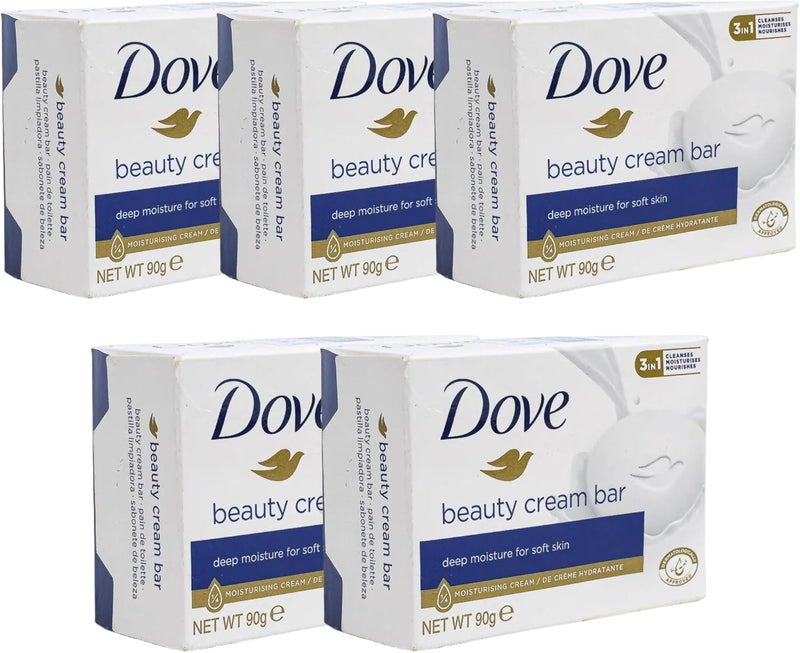 5 x Dove Beauty Cream Bar Soap Original 90g Each 3in1 Cleanser Moisturizer Nourisher for Soft Smooth Skin SulfateFree Ideal for Daily Shower Bath Normal Sensitive Skin