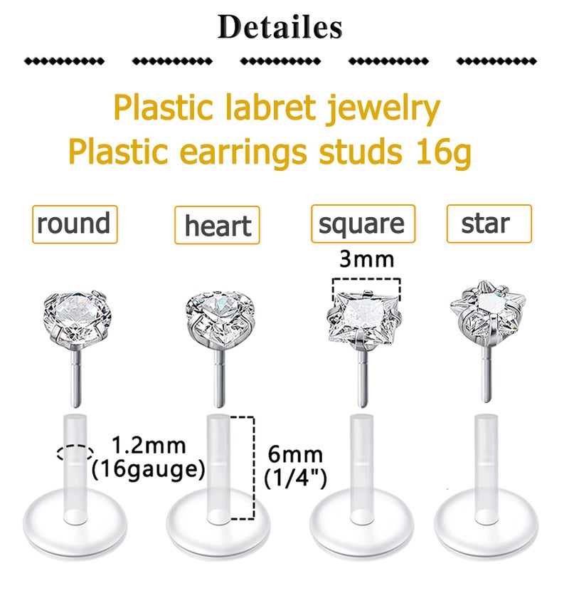QWALIT 16G Clear Lip Rings Studs Plastic Cartilage Tragus Earrings Retainer for Work Cubic Zirconia Bioflex Medusa Labret Piercing Jewelry 6mm 8mm 10mm 12mm - Image 2