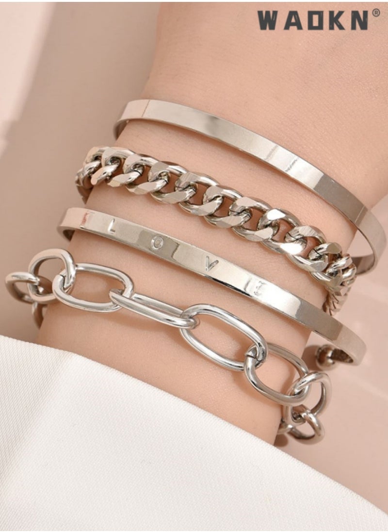 WAOKN 4pcs Letter Detail Bracelet Fashion Bangles Hand Cuff Jewelry Cool Accessories Gift for Women Girls Adjustable Fashion Chunky Flat Cable Chain Bracelets Jewelry  - Image 1