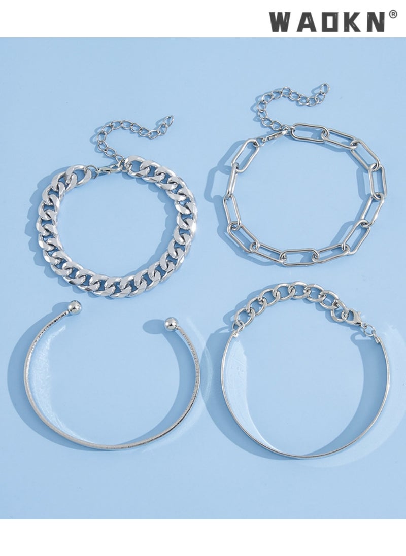 WAOKN 4pcs Letter Detail Bracelet Fashion Bangles Hand Cuff Jewelry Cool Accessories Gift for Women Girls Adjustable Fashion Chunky Flat Cable Chain Bracelets Jewelry  - Image 3