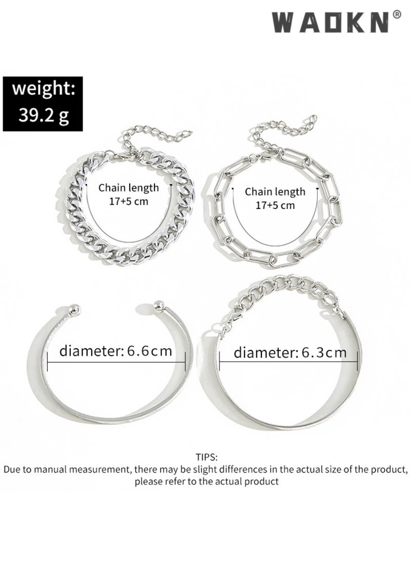 WAOKN 4pcs Letter Detail Bracelet Fashion Bangles Hand Cuff Jewelry Cool Accessories Gift for Women Girls Adjustable Fashion Chunky Flat Cable Chain Bracelets Jewelry  - Image 5