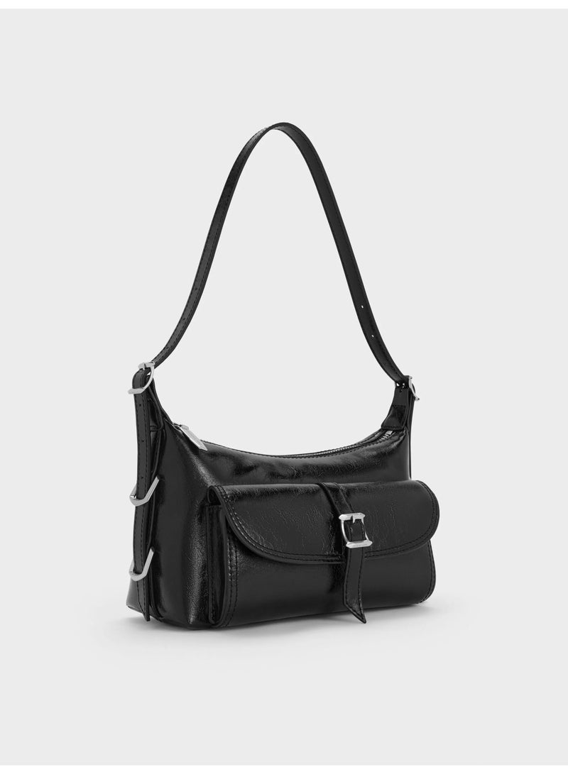 CHARLES & KEITH Bryna Belted Shoulder Bag & Crossbody Bag - Black - Image 3