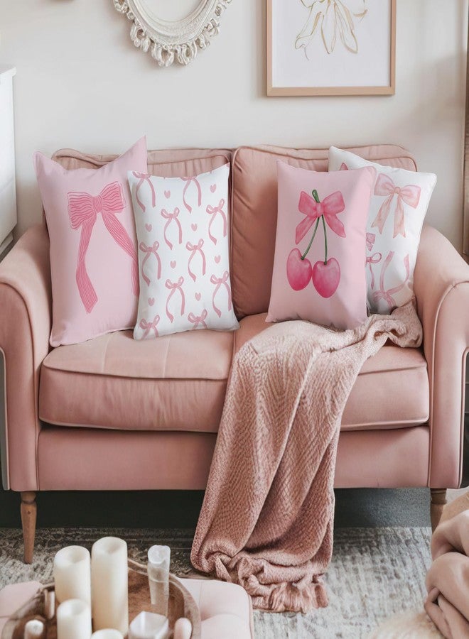 ISANOU ديكور غرفة ISANOU Coquette، أغطية وسائد وردية لطيفة على شكل فيونكة مقاس 18 × 18 مجموعة من 4 قطع، هدايا للفتيات المراهقات والنساء، غطاء وسادة وردي مزخرف للأريكة وغرفة النوم والكرسي والمنزل - Image 2