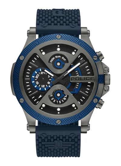 بوليس Men's Surigao Men's 47mm Multifunction Watch with Ion-Plated Black Topring, Matte Black Dial & Navy Silicone Strap