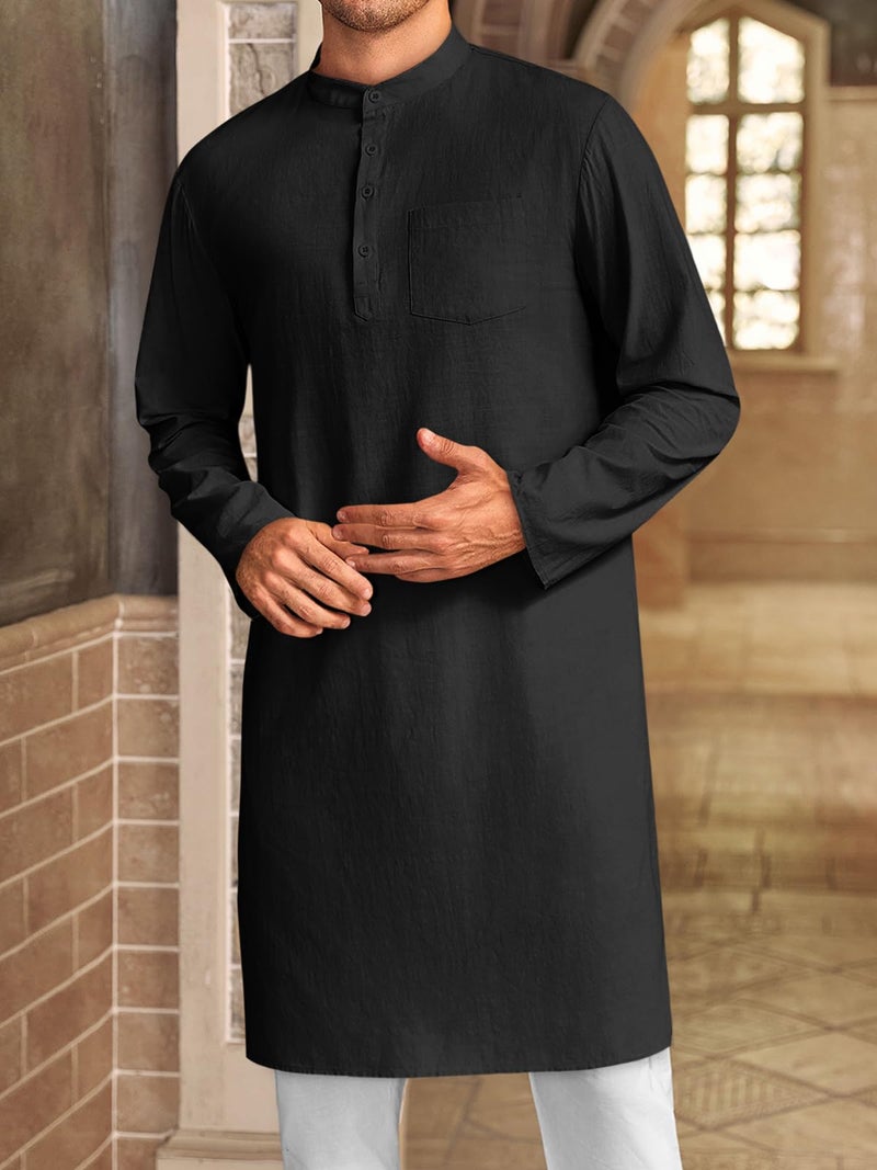 Gafeng Mens Kaftan Robe Button Down Long Sleeve Henley Cotton Thobe Casual Side Split Gown Shirt Black - Image 2