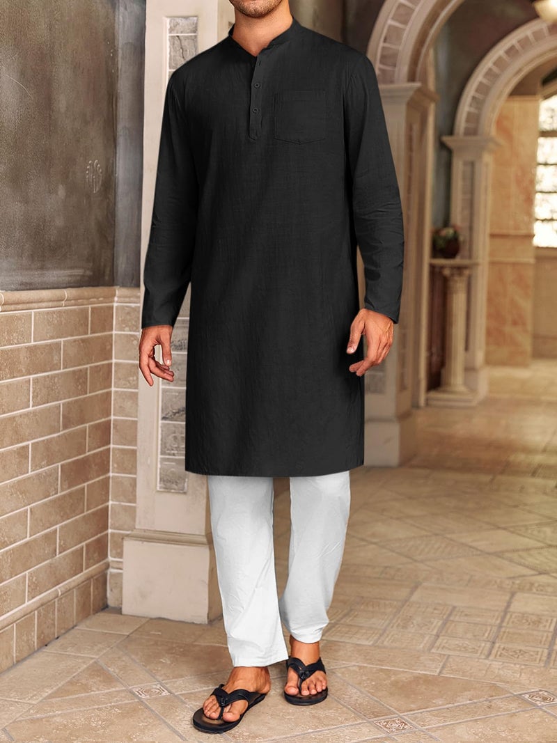 Gafeng Mens Kaftan Robe Button Down Long Sleeve Henley Cotton Thobe Casual Side Split Gown Shirt Black - Image 3