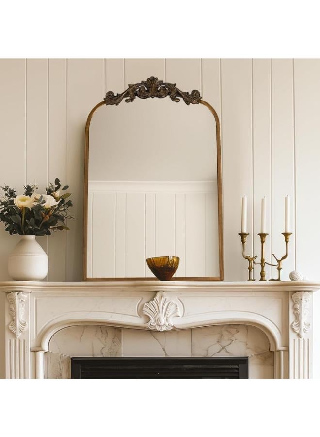USHOWER USHOWER 24" x 36" Gold Vintage Mirror for Wall, Antique Baroque Mirror with Ornate Frame, Arched Brass Mirror for Bathroom, Living Room, Fireplace, Entryway  - Image 1