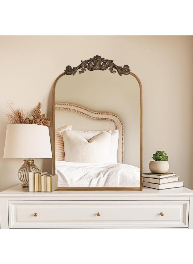 USHOWER USHOWER 24" x 36" Gold Vintage Mirror for Wall, Antique Baroque Mirror with Ornate Frame, Arched Brass Mirror for Bathroom, Living Room, Fireplace, Entryway  - Image 2