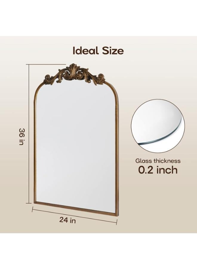 USHOWER USHOWER 24" x 36" Gold Vintage Mirror for Wall, Antique Baroque Mirror with Ornate Frame, Arched Brass Mirror for Bathroom, Living Room, Fireplace, Entryway  - Image 5