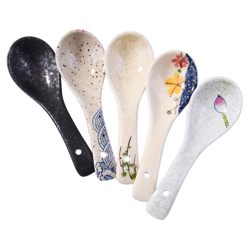 طقم ملاعق حساء يابانية من 5 قطع ملاعق رامين خزفية آسيوية رقيقة مناسبة للصلصة كعكة فوه الشوفان الفوضى الزلابية السلطة كأدوات مائدة جيدة
