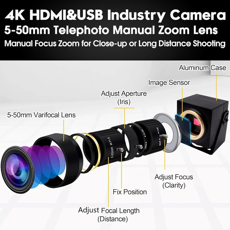 ELP 4K USB HDMI USB Camera Manual Zoom Webcam Variable Focus PC Camera Mini Close-up Camera for Computer H.264 Telescope USB Security Camera 8mp IMX415 Industrial CCTV Camera (5-50mm 10X Zoom Lens) - Image 5