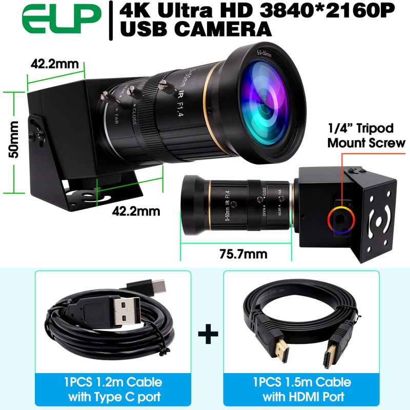 ELP 4K USB HDMI USB Camera Manual Zoom Webcam Variable Focus PC Camera Mini Close-up Camera for Computer H.264 Telescope USB Security Camera 8mp IMX415 Industrial CCTV Camera (5-50mm 10X Zoom Lens) - Image 4